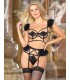 Conjunto Sexy Lencería con portaligas y plumas, hasta talle L/XL