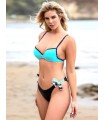Bikini de baño 3 piezas, soutién, short, y tanga, diseño rayas.