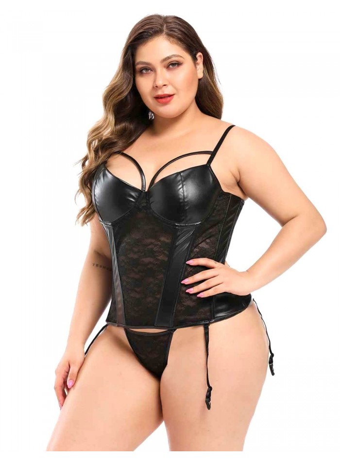Sexy Corset, aspecto cuero, con encaje. Portaligas y colaless