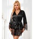 Set de lujo bata de satén NEGRO y encaje + colaless. Lencería sexy