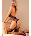 Catsuit enterito body de red con portaligas y medias.