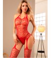 Catsuit enterito body de red con portaligas y medias.