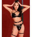 Conjunto lenceria sexy simil vinilo y cadena, con portaligas