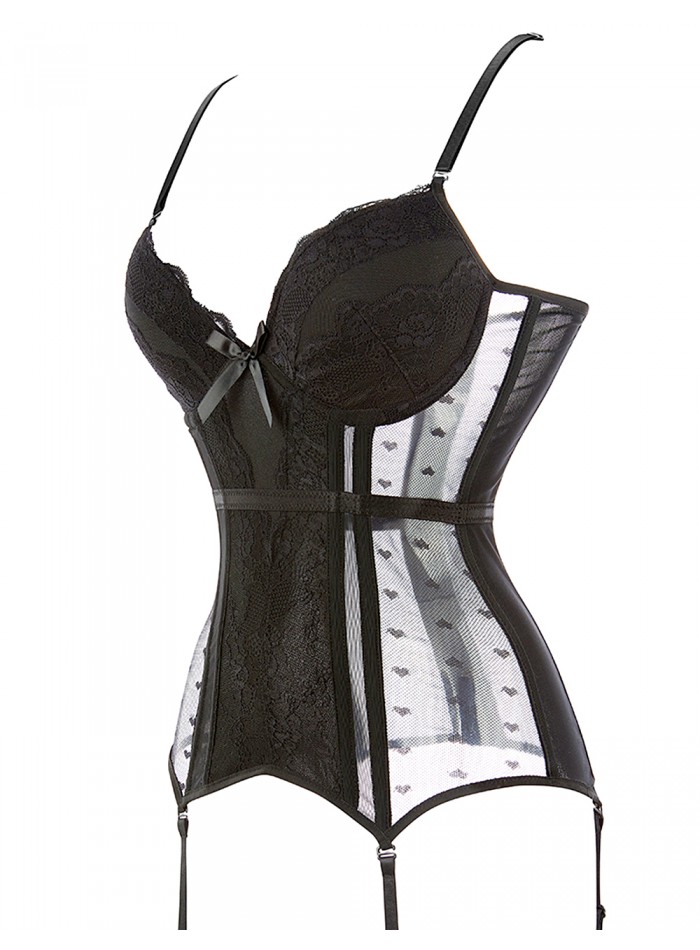 Sexy Corset negro de tull y encaje con portailgas, busto armado