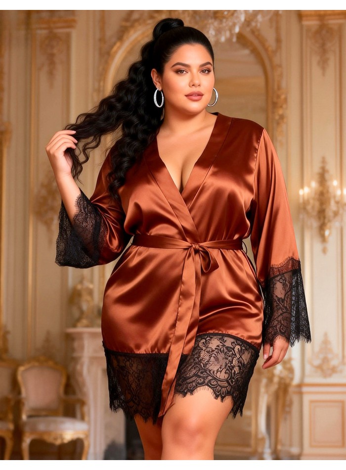 Set de lujo bata de satén NEGRO y encaje + colaless. Lencería sexy