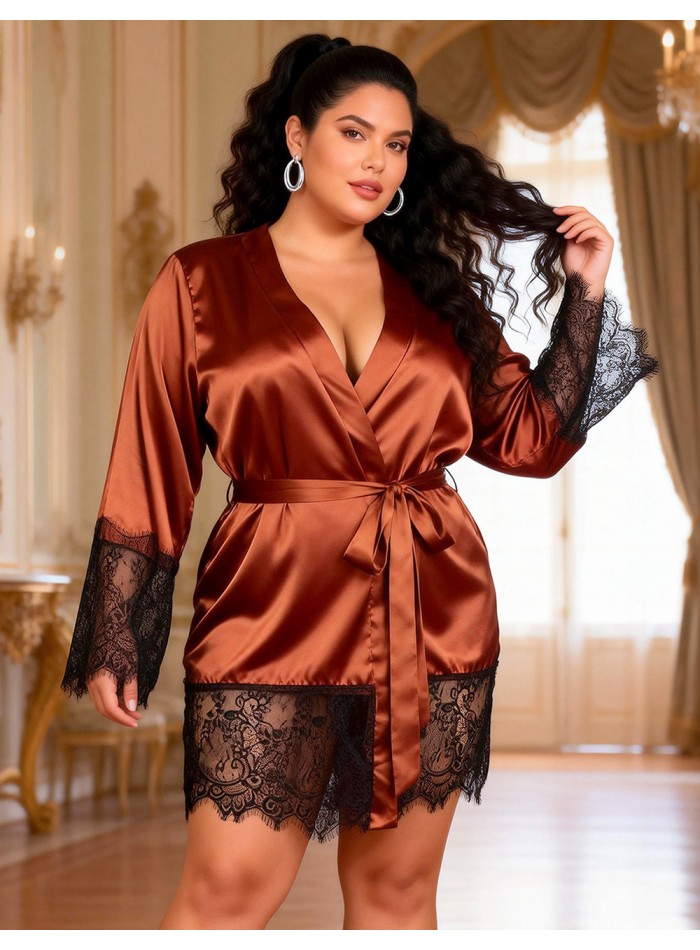 Set de lujo bata de satén NEGRO y encaje + colaless. Lencería sexy