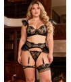 Conjunto de encaje con portaligas y ligas, hasta el talle 5XL
